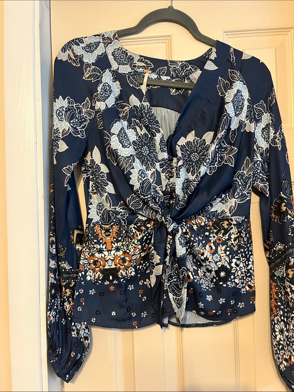 Free People Navy Floral Tie-Front Blouse with Brown Accents